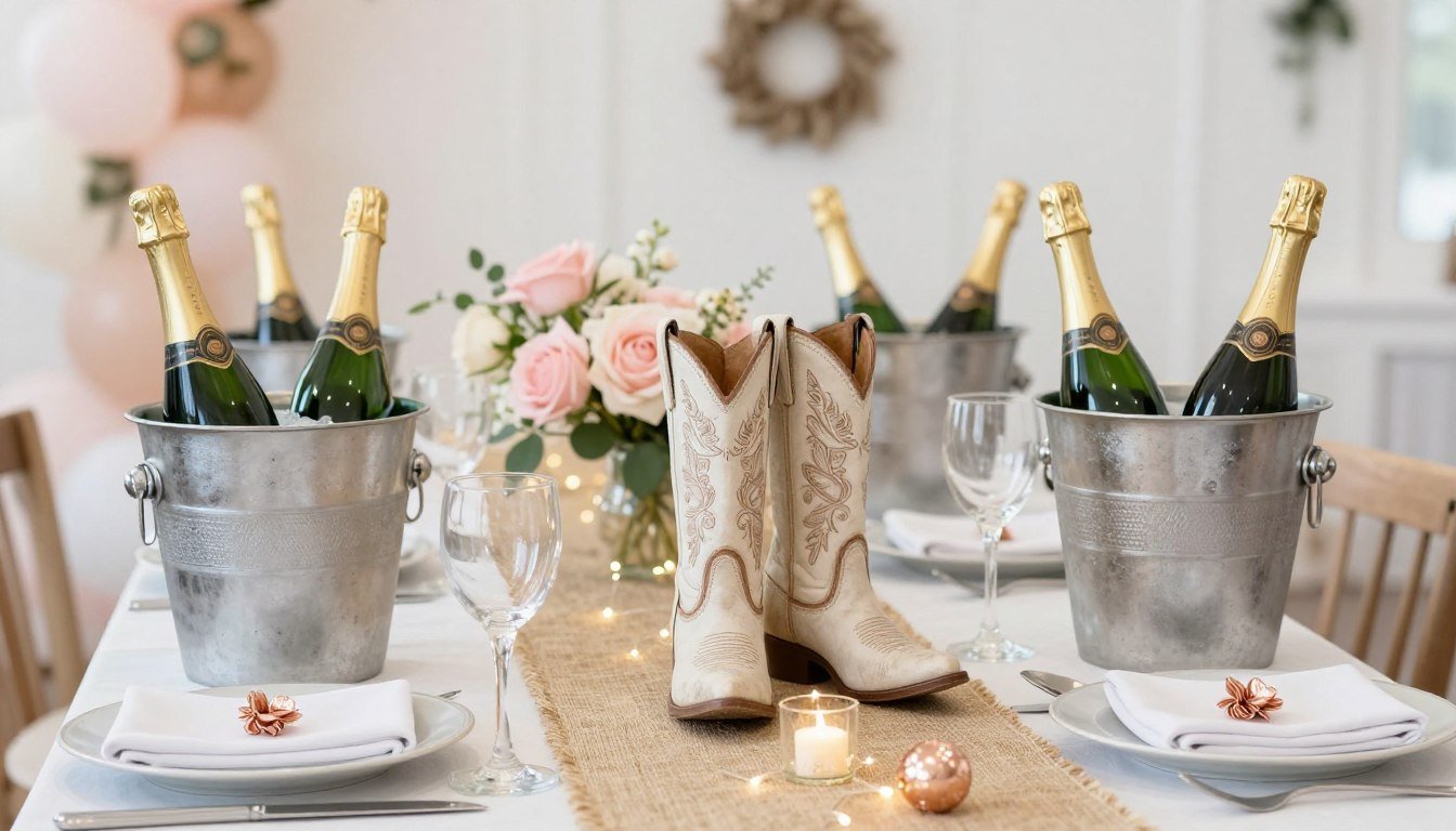 Elegant boots and bubbly bridal shower setup with champagne bottles and cowboy boots decorations