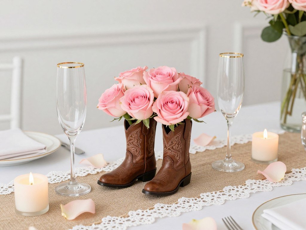 Elegant boots and bubbly bridal shower table centerpiece