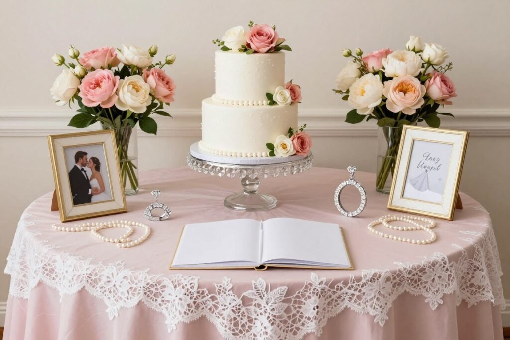 Elegant bridal shower cake table with romantic elements, engagement photos, and feminine details