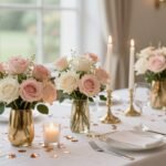 Elegant bridal shower decorations featuring soft pink and white floral centerpieces, gold accents, and romantic table settings