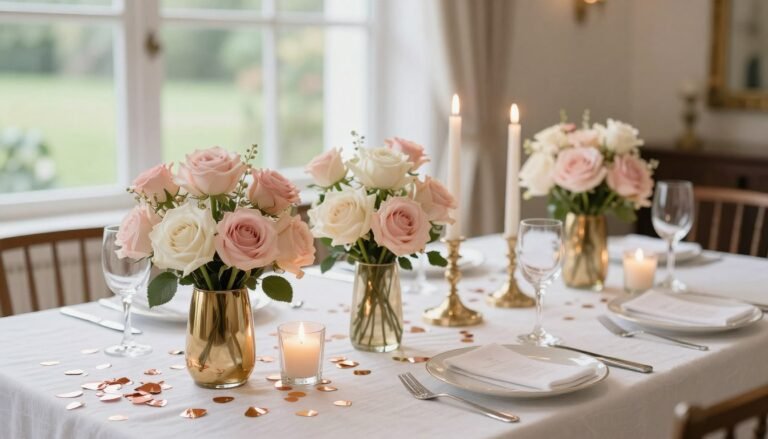Elegant bridal shower decorations featuring soft pink and white floral centerpieces, gold accents, and romantic table settings