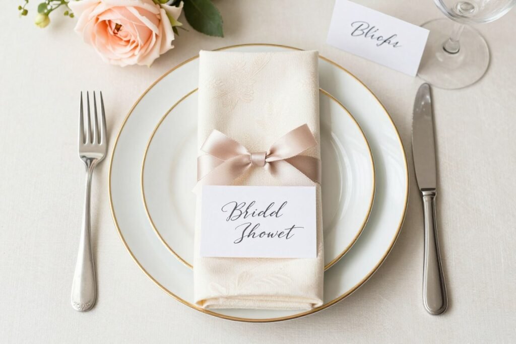 Elegant bridal shower place setting with coordinated plates, napkins, and name card