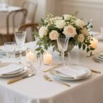 Elegant bridal shower table with essential decorative elements including tablecloth, centerpiece, place settings, and candles