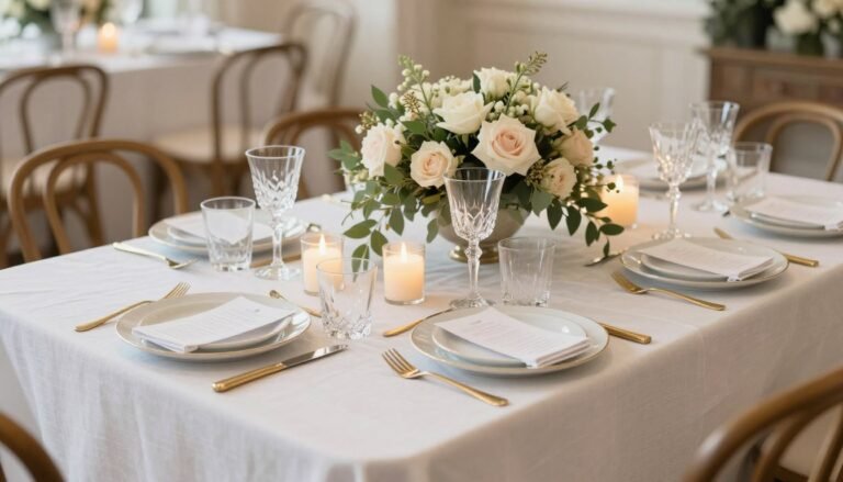 Elegant bridal shower table with essential decorative elements including tablecloth, centerpiece, place settings, and candles
