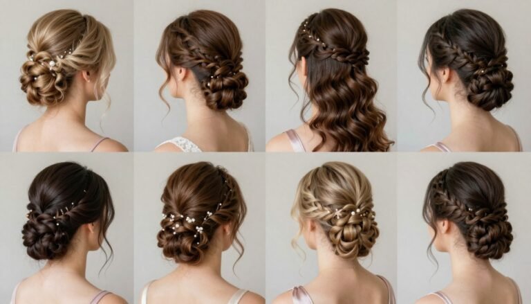 Elegant bridesmaid hair ideas showcasing various hairstyles from updos to flowing waves