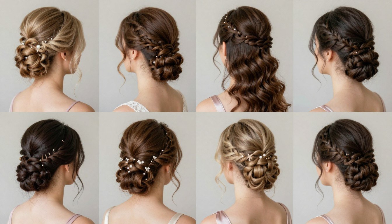 Elegant bridesmaid hair ideas showcasing various hairstyles from updos to flowing waves