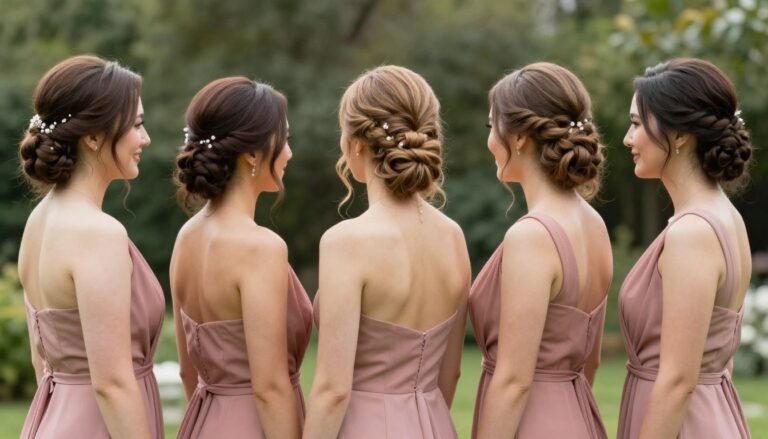 Elegant bridesmaids with coordinated updo hairstyles at outdoor wedding ceremony