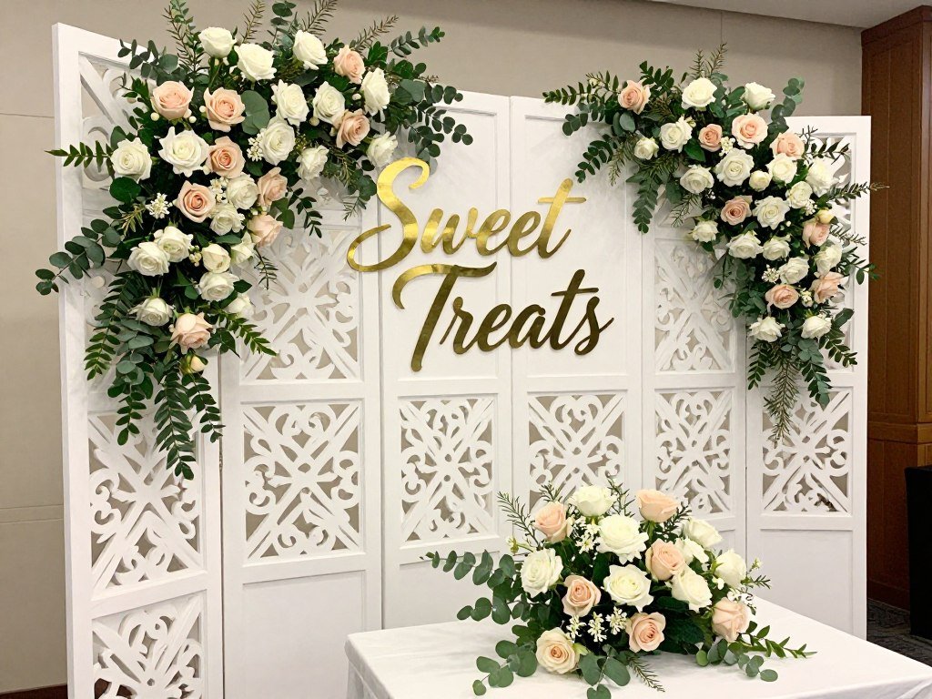 Elegant cake table backdrop with floral arrangement and custom calligraphy sign