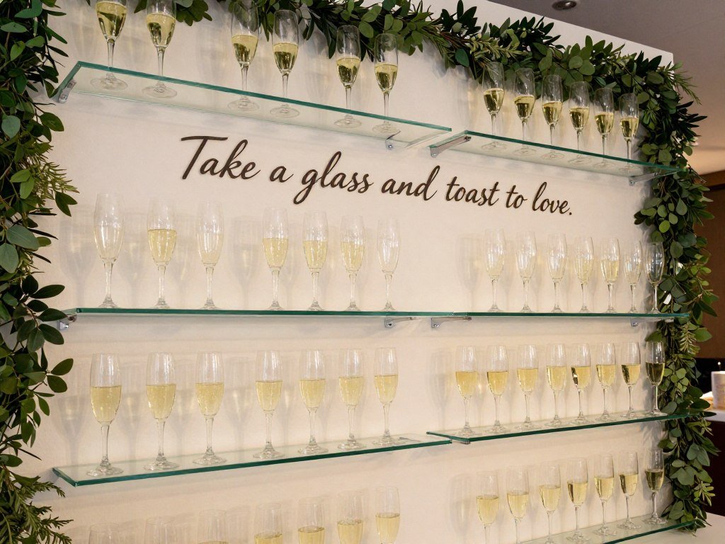 Elegant champagne wall display with greenery and calligraphy signage