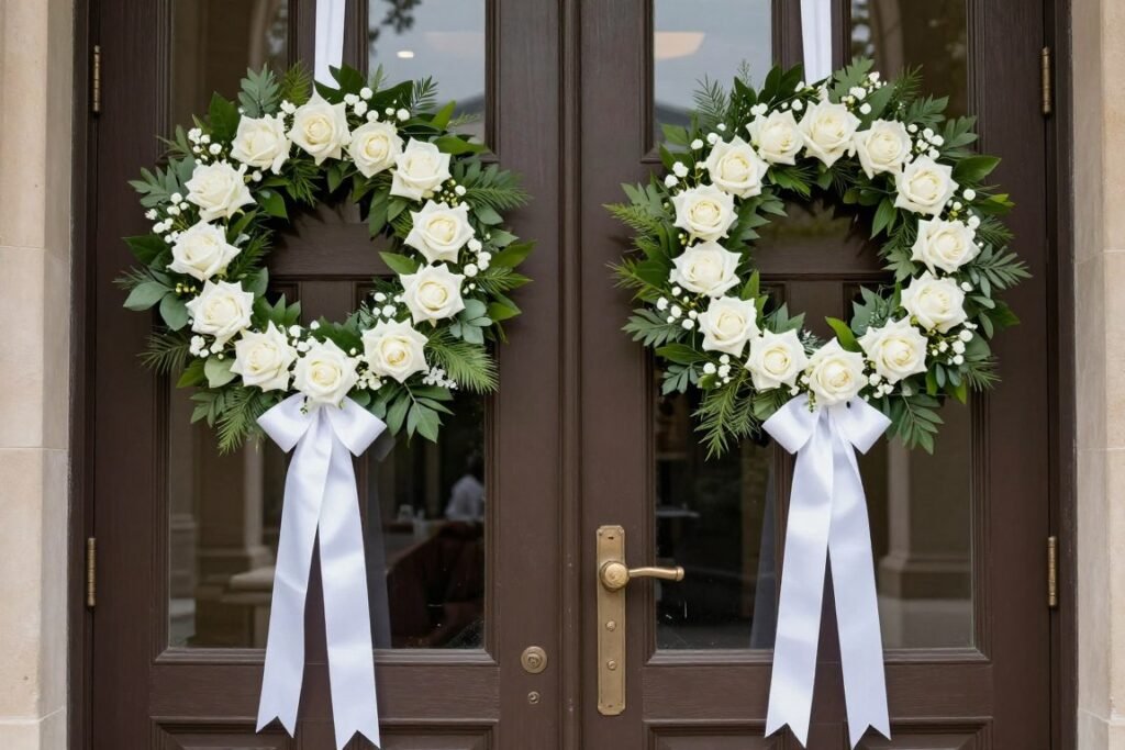 Elegant church doors decorated with floral wreaths and ribbon for a wedding