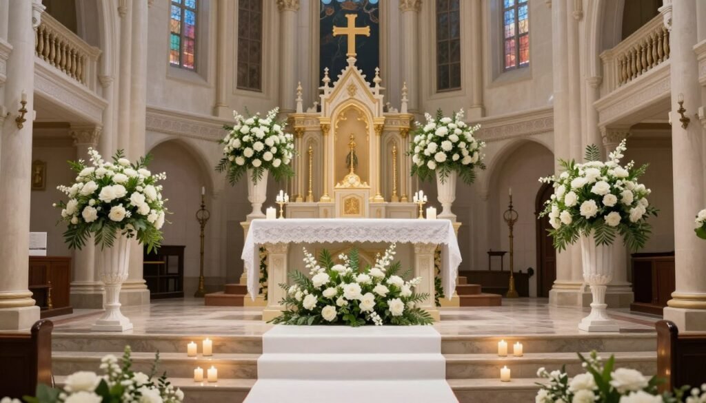 Elegant church wedding with dramatic floral arrangements at the altar