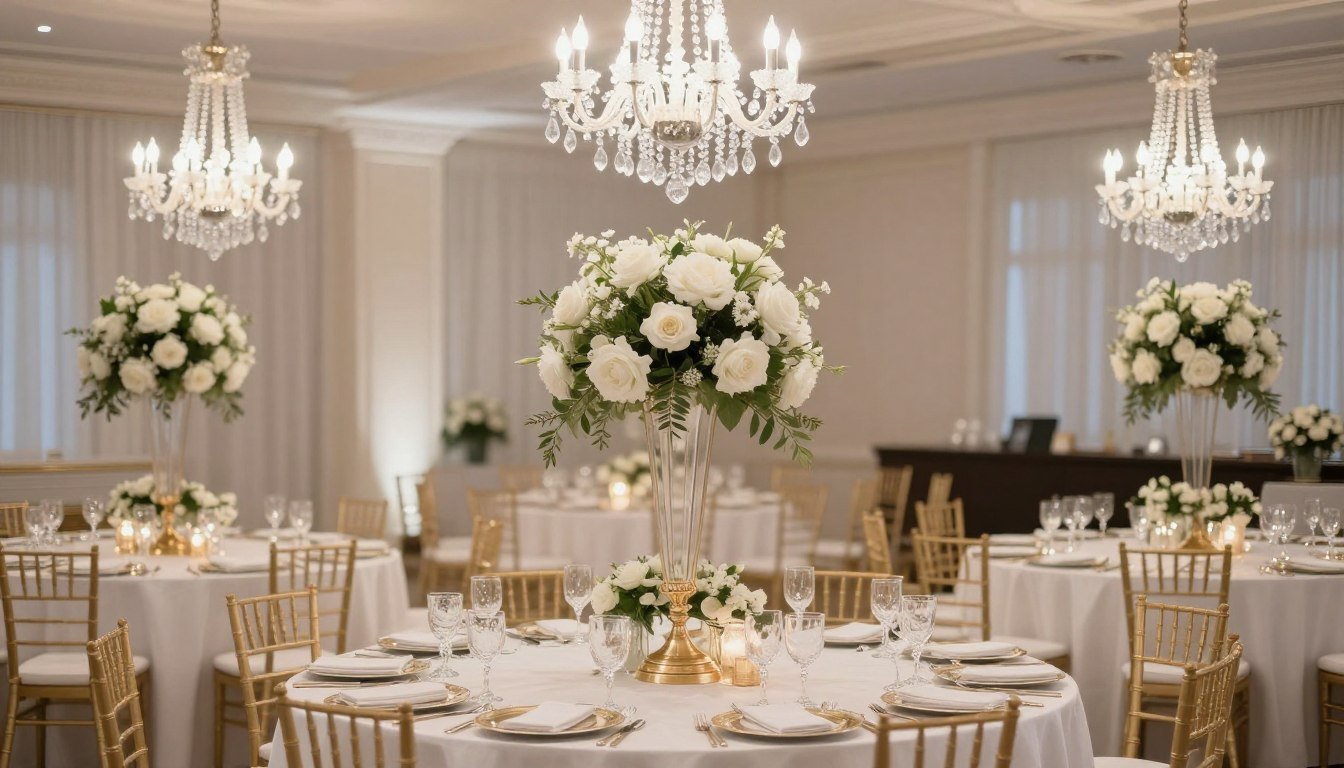 Elegant classic wedding reception with white and gold decorations, crystal chandeliers, and floral centerpieces
