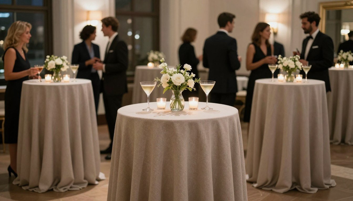 Elegant cocktail hour setup with high-top tables decorated with floral arrangements and candles
