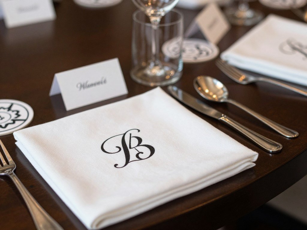 Elegant cocktail table accessories including custom napkins, drink stirrers, and small decorative elements