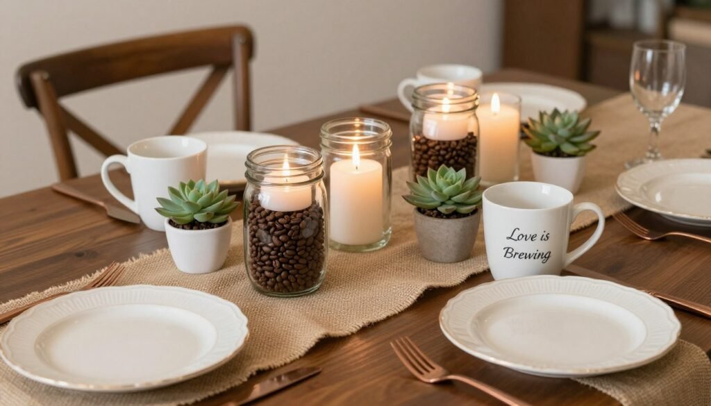 Elegant coffee-themed table setting with coffee bean centerpieces and personalized mugs for love is brewing bridal shower decor