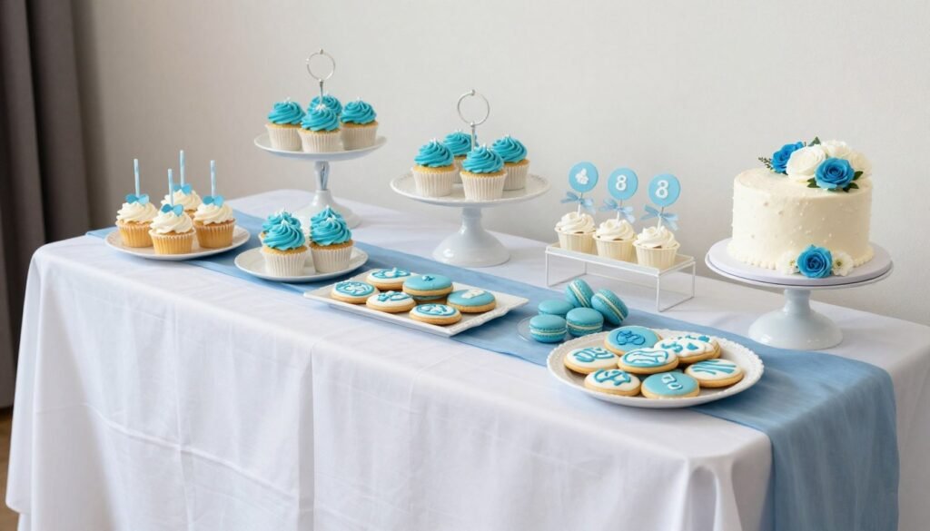 Elegant dessert table with blue-themed treats, cupcakes with blue frosting, macarons, and decorated cookies