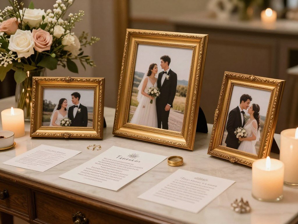Elegant display of couple's photographs and love story elements in vintage frames Elegant display of couple's photographs and love story elements in vintage frames