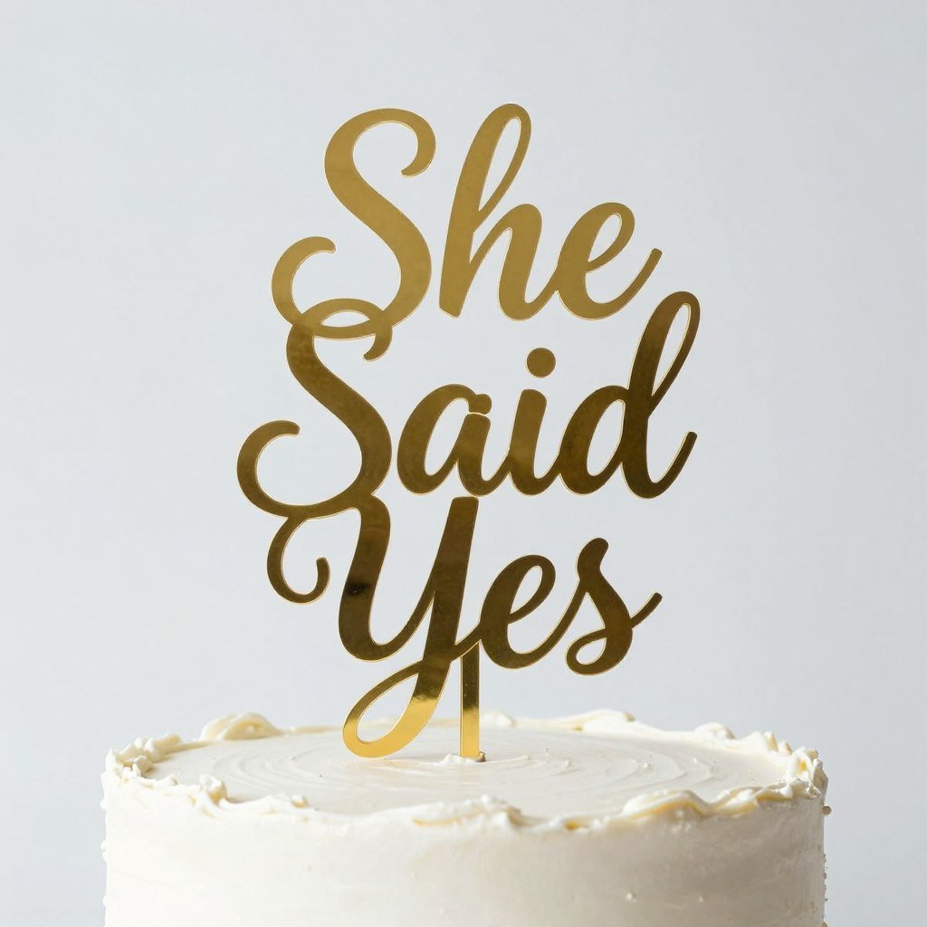 Elegant engagement cake topper with 'She Said Yes' in gold script