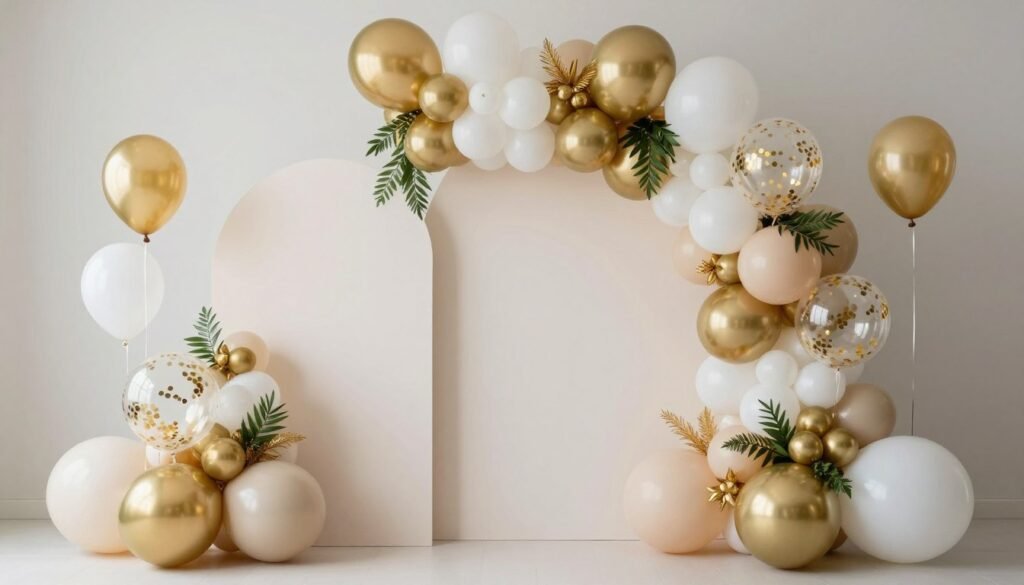 Elegant engagement party balloon installation with gold, white, and blush colors
