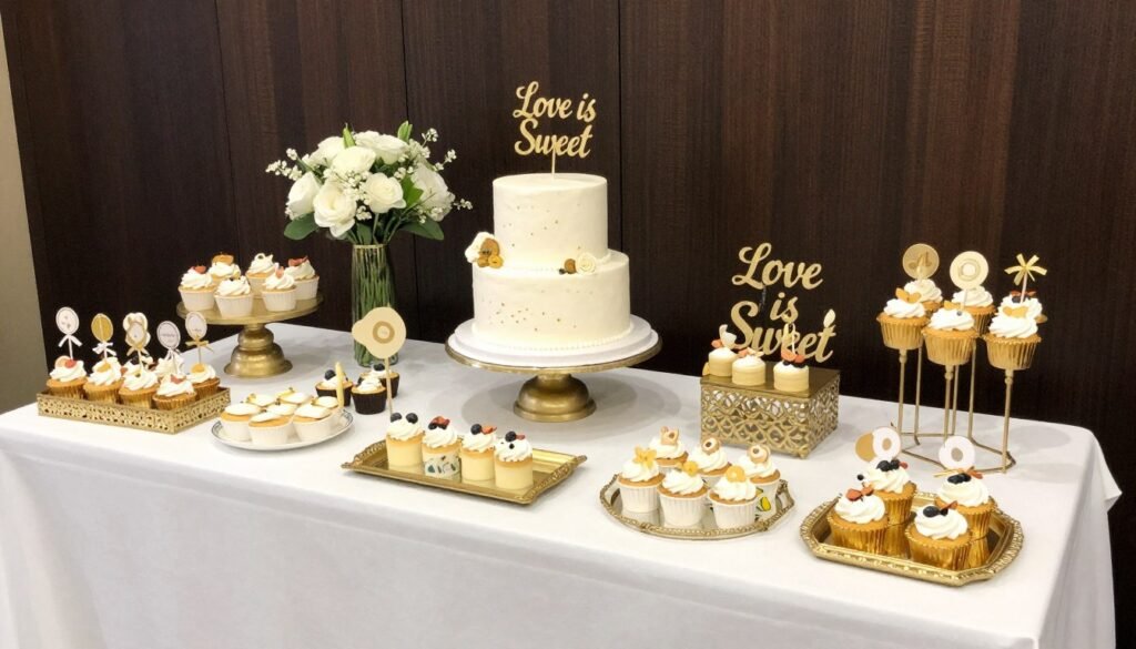Elegant engagement party dessert table with cake, cupcakes, and themed treats