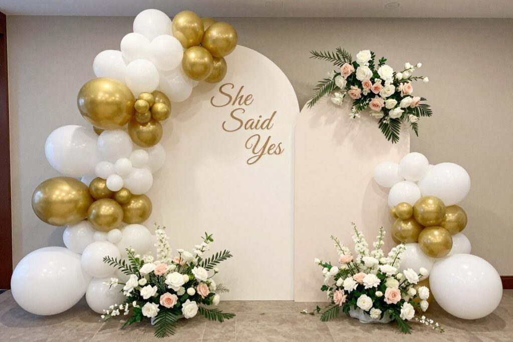 Elegant engagement party photo backdrop with balloon arch, floral arrangements, and 'She Said Yes' sign