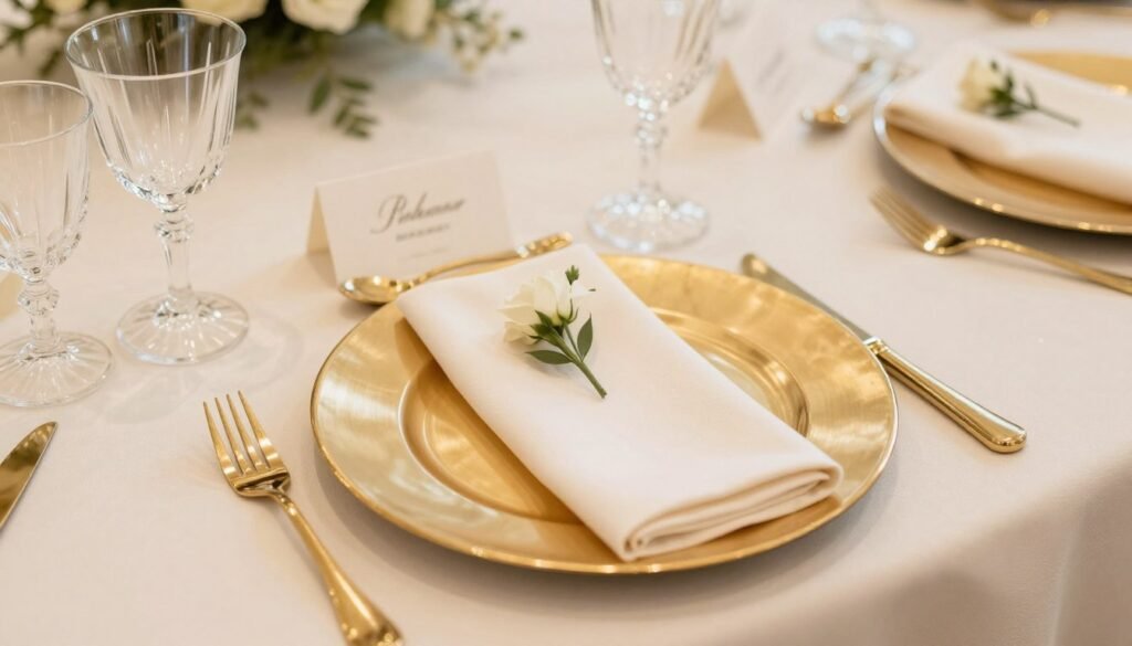 Elegant engagement party place setting with gold flatware, crystal glasses, and personalized details