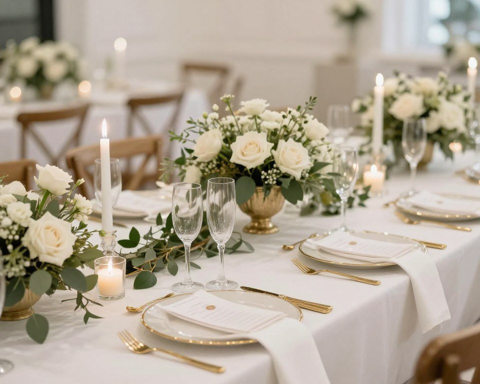 Elegant engagement party table setting with gold accents, floral centerpieces, and champagne glasses