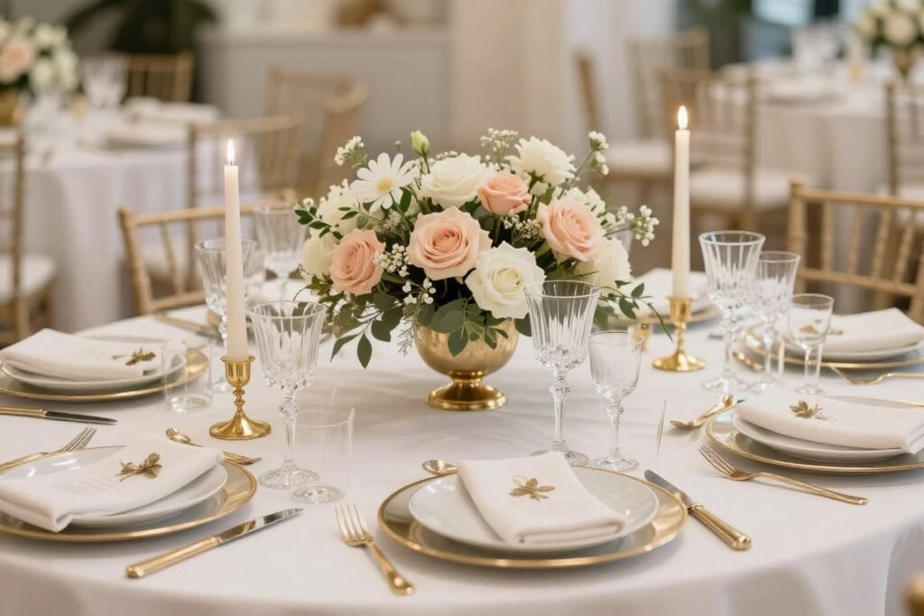 Elegant engagement party tablescape with gold accents, floral centerpieces, and candles
