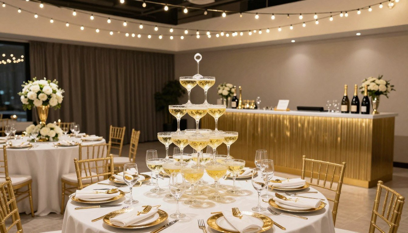 Elegant engagement party with champagne theme featuring gold decorations and bubbly bar