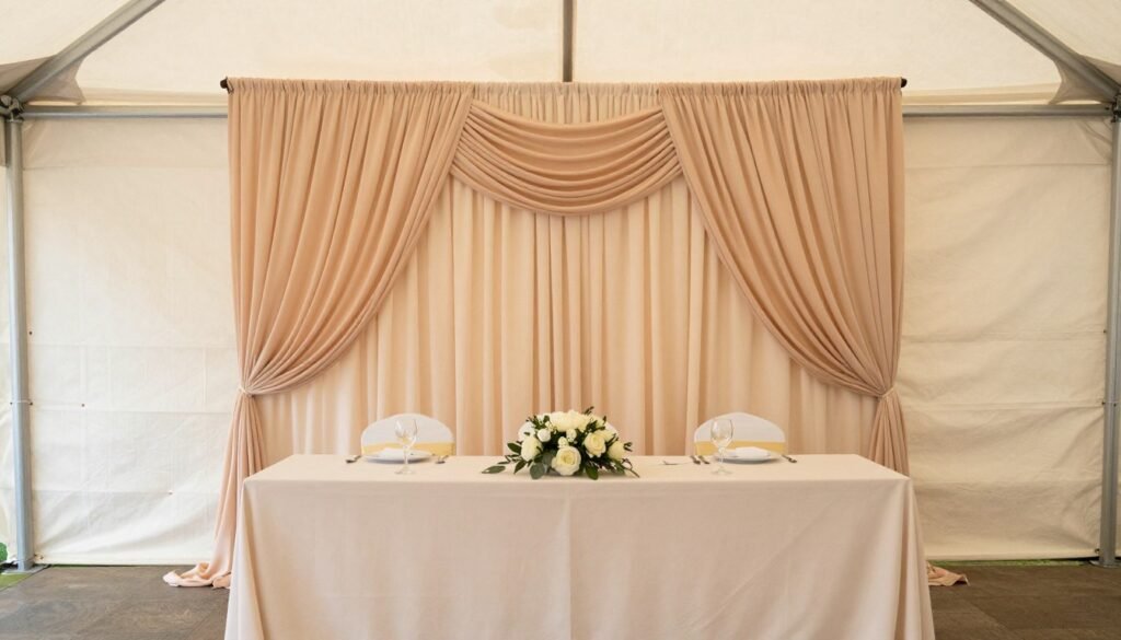 Elegant fabric backdrop behind a head table in a party tent