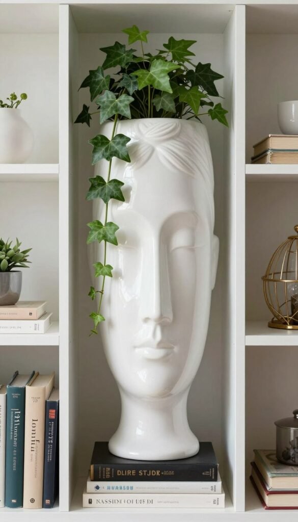 Elegant face planter used as a bookshelf accent with trailing ivy Elegant face planter used as a bookshelf accent with trailing ivy