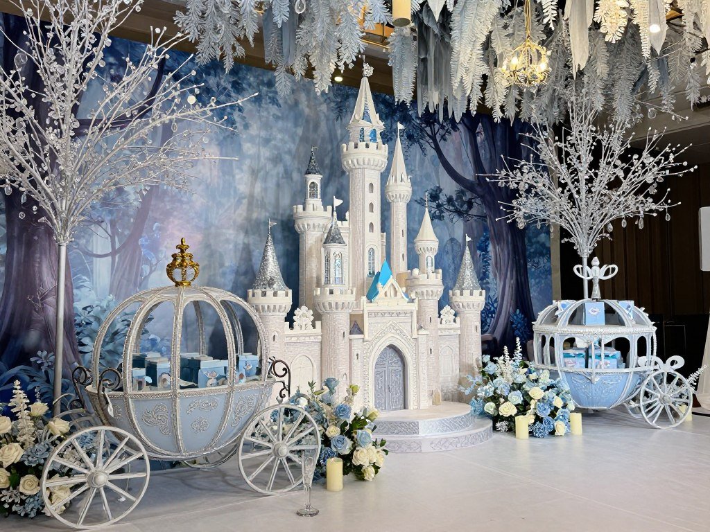 Elegant fairy tale themed quinceañera decorations with castle elements, princess carriage, and enchanted forest details creating a magical atmosphere Elegant fairy tale themed quinceañera decorations with castle elements, princess carriage, and enchanted forest details creating a magical atmosphere