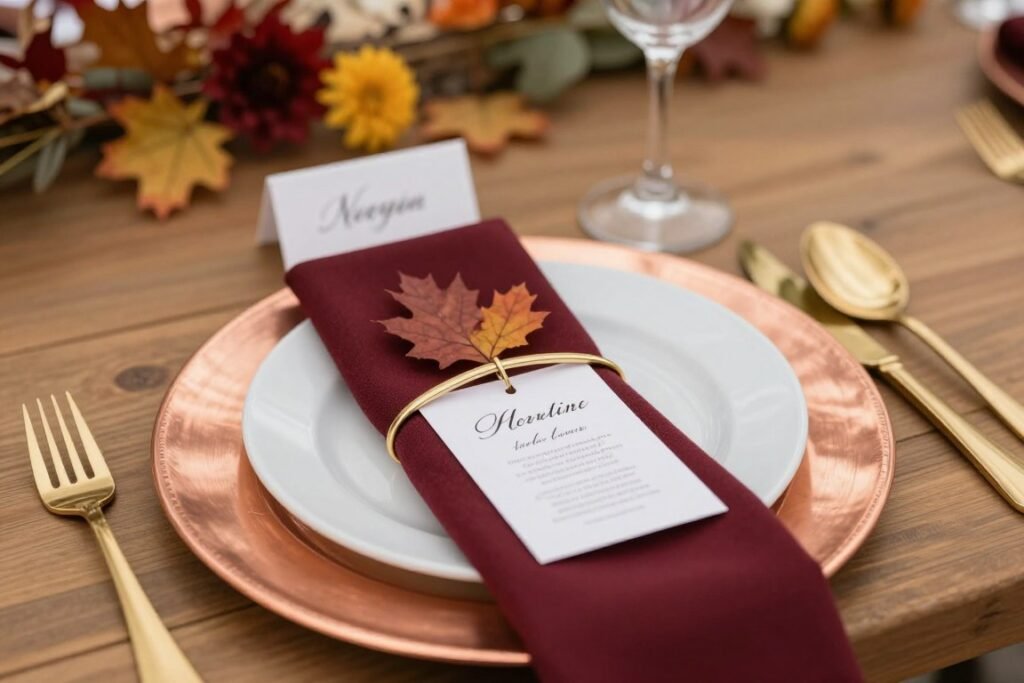 Elegant fall wedding place setting with copper charger and burgundy napkin Elegant fall wedding place setting with copper charger and burgundy napkin