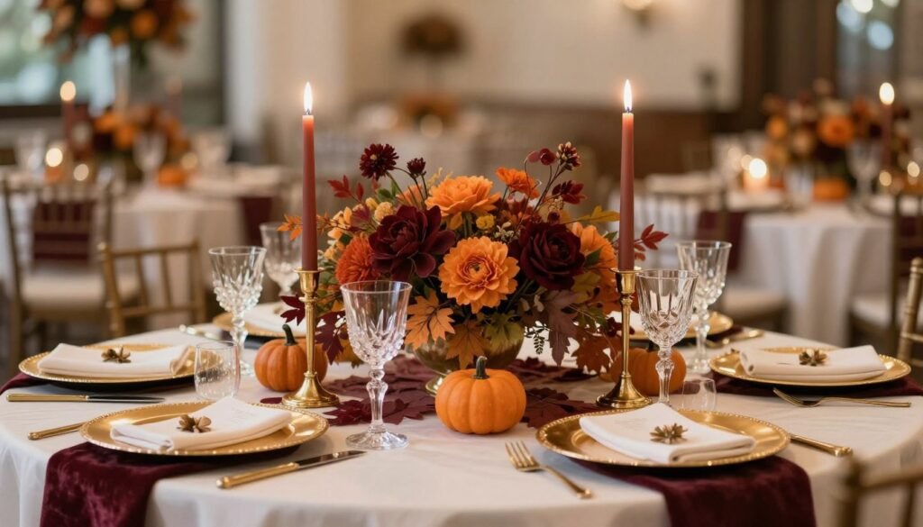 Elegant fall wedding reception table with autumn-inspired centerpiece, candles, and place settings Elegant fall wedding reception table with autumn-inspired centerpiece, candles, and place settings