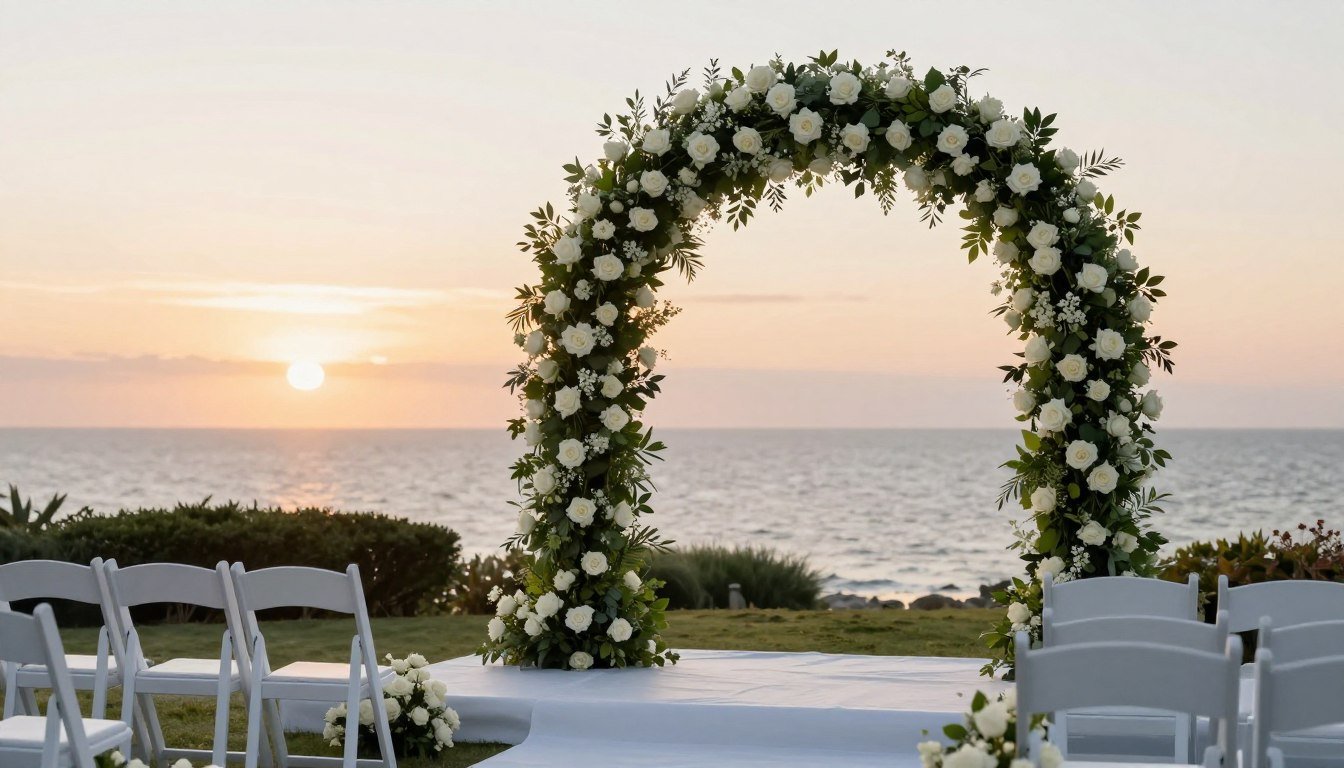 Elegant floral arch decoration wedding setup with white roses and greenery against a sunset backdrop