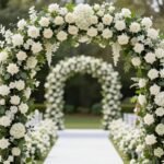 Elegant floral arch with white roses and greenery framing a wedding entrance