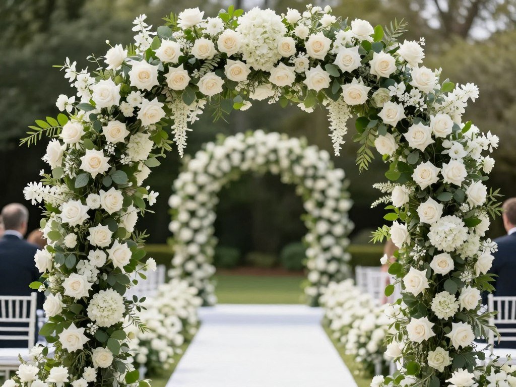 Elegant floral arch with white roses and greenery framing a wedding entrance