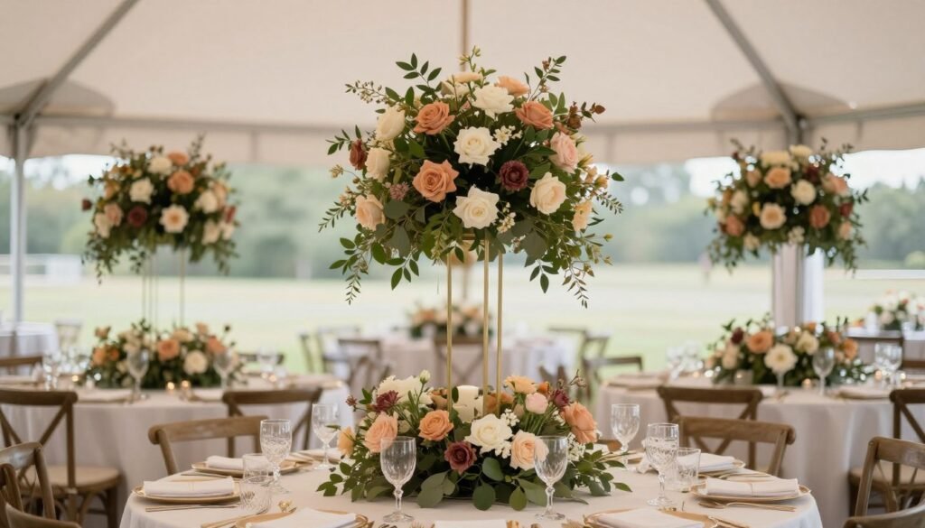 Elegant floral centerpieces of varying heights on party tables