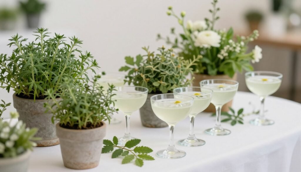 Elegant garden-themed cocktail hour table with botanical elements and natural textures
