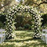 Elegant garden wedding ceremony with floral arch and natural greenery backdrop