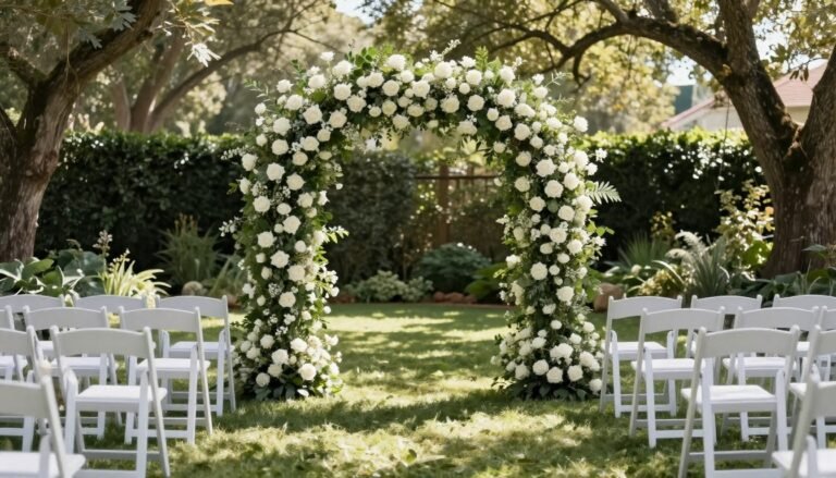Elegant garden wedding ceremony with floral arch and natural greenery backdrop