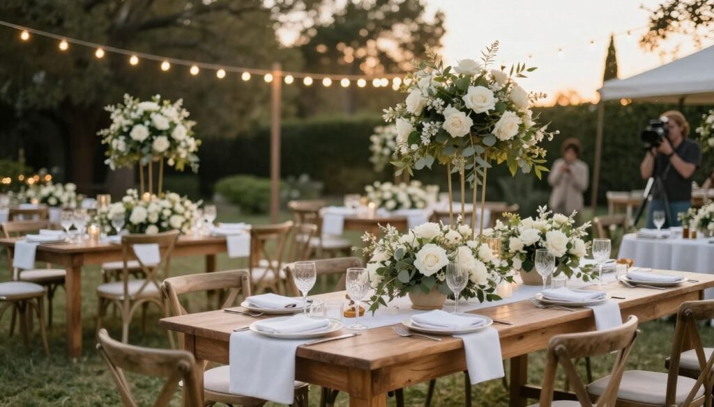 Elegant garden wedding reception table settings with floral centerpieces