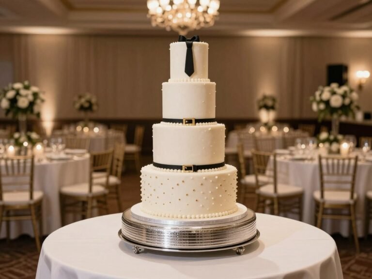 Elegant grooms cake ideas display at wedding reception