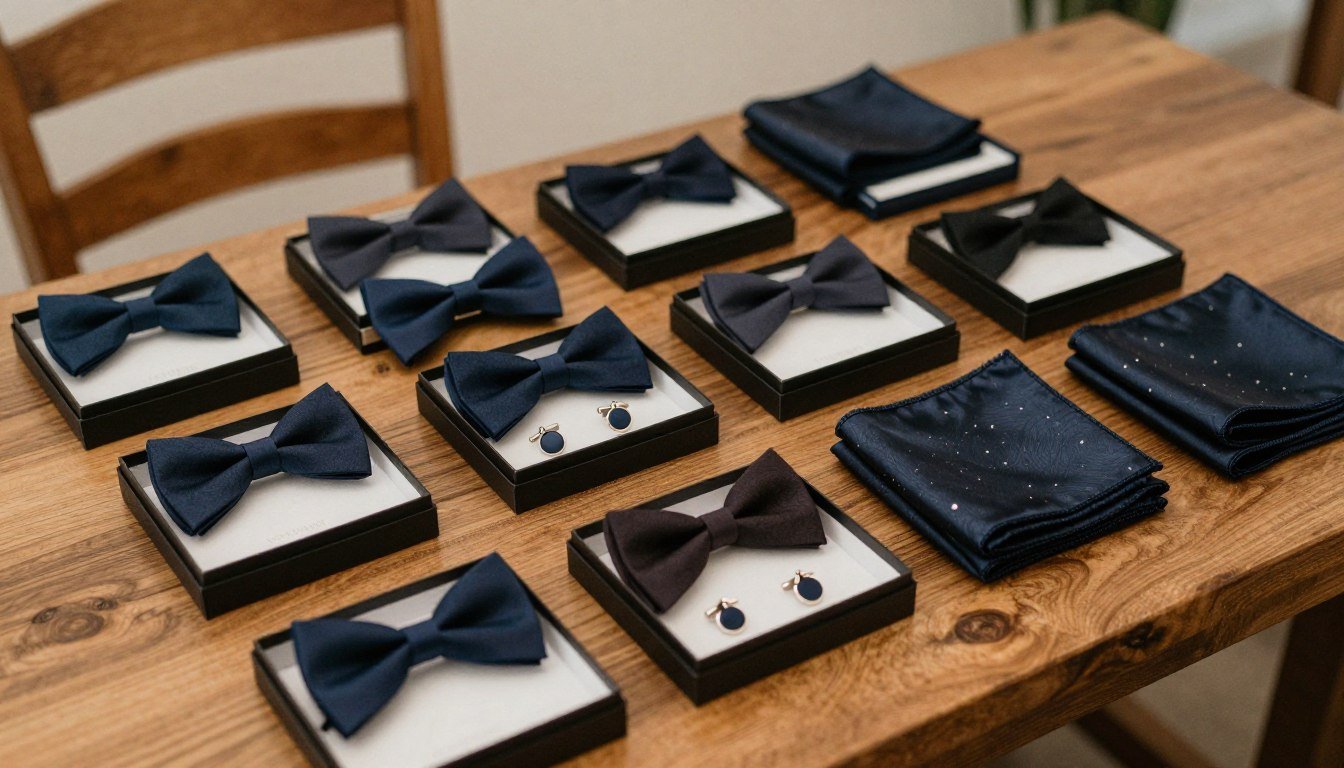Elegant groomsmen gift box ideas displayed with bow ties and cufflinks