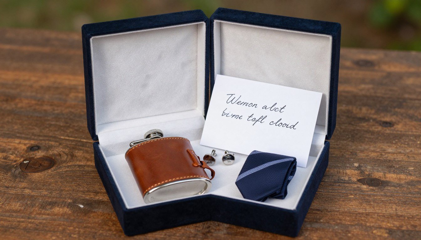 Elegant groomsmen proposal box with personalized items and gift accessories displayed on wooden table