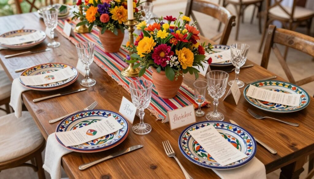 Elegant hacienda wedding table setting with colorful talavera plates, woven runners, and vibrant floral centerpieces Elegant hacienda wedding table setting with colorful talavera plates, woven runners, and vibrant floral centerpieces
