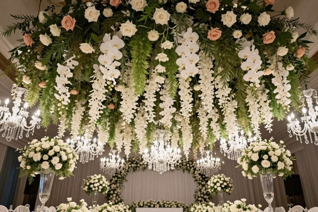 Elegant hanging wedding flower decorations suspended from ceiling Elegant hanging wedding flower decorations suspended from ceiling