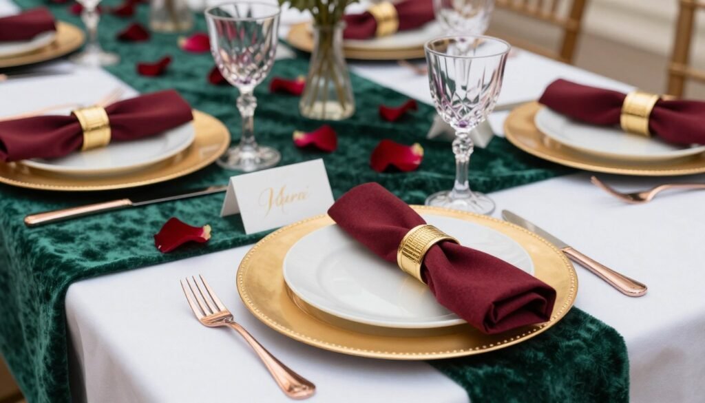 Elegant jewel tone wedding table setting with velvet table runner, gold chargers, and crystal glassware Elegant jewel tone wedding table setting with velvet table runner, gold chargers, and crystal glassware