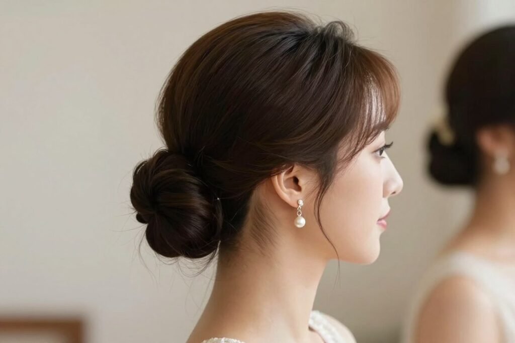 Elegant low chignon bridesmaid hairstyle for formal wedding
