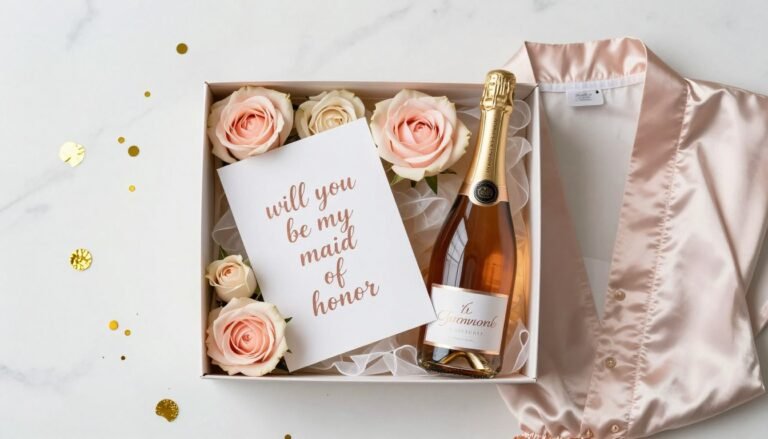 Elegant maid of honor proposal gift box with personalized items and flowers